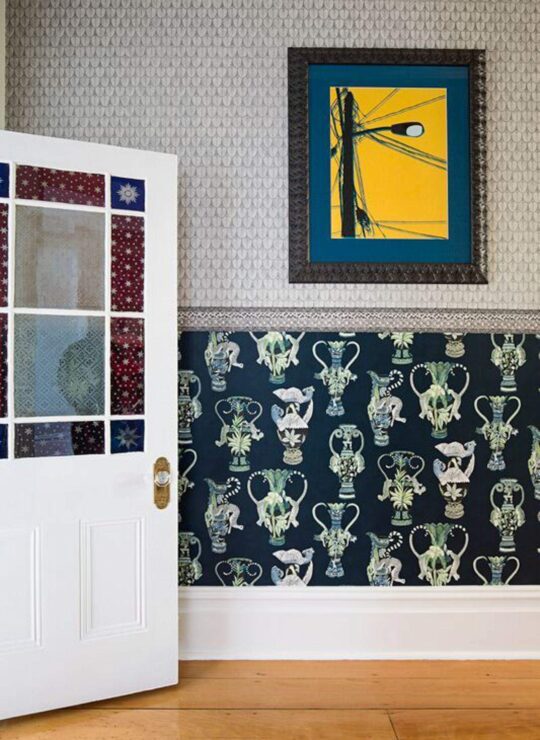 Sustainable green pattern wallpaper and curated artwork by Denby Dowling Interior Design